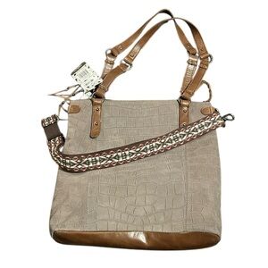 The Sak Brown and Tan Croc-Embossed Tote Bag with Embroidered Guitar Strap
